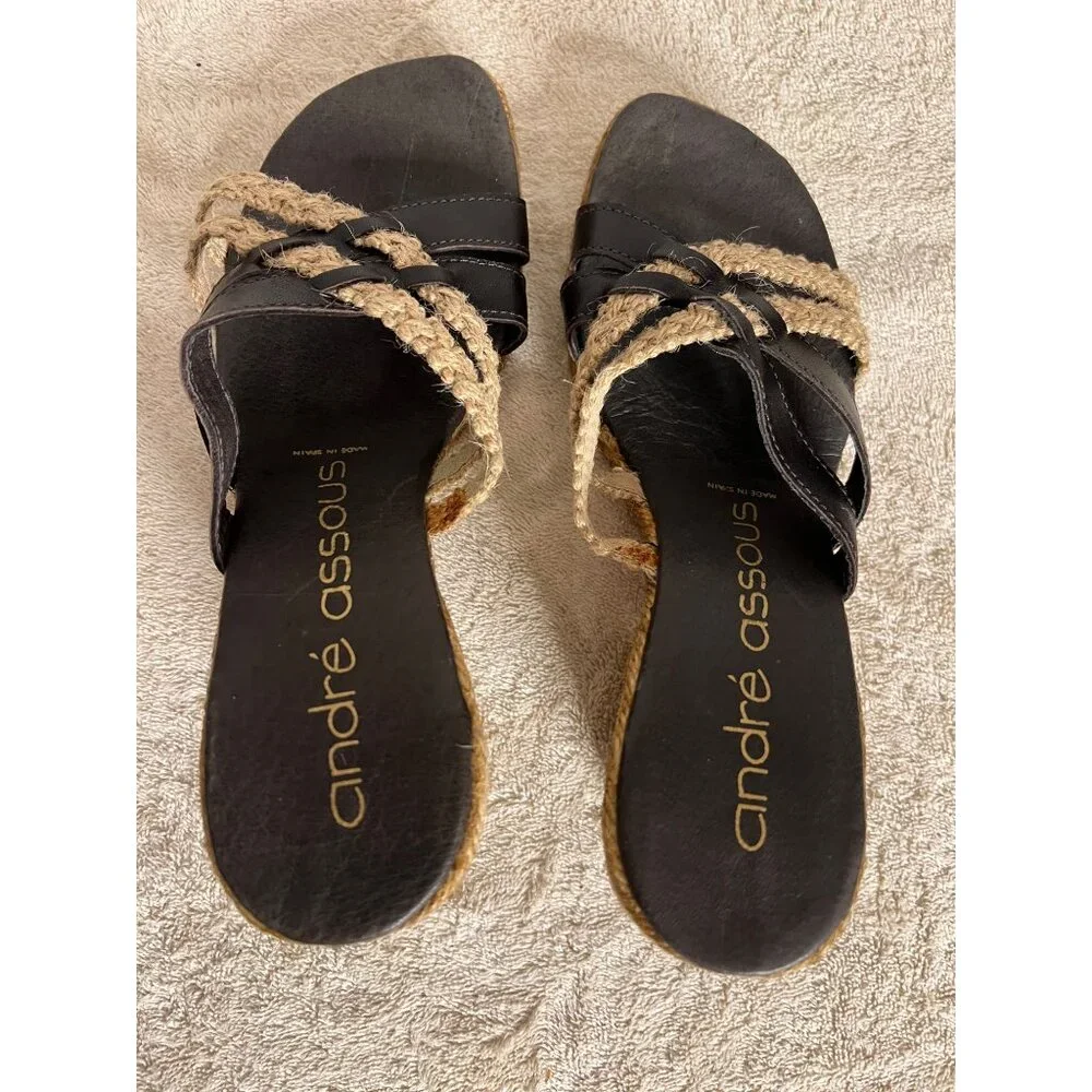 André Assous Women's Espadrille Wedge Sandals Size 7 Black & Natural Leather